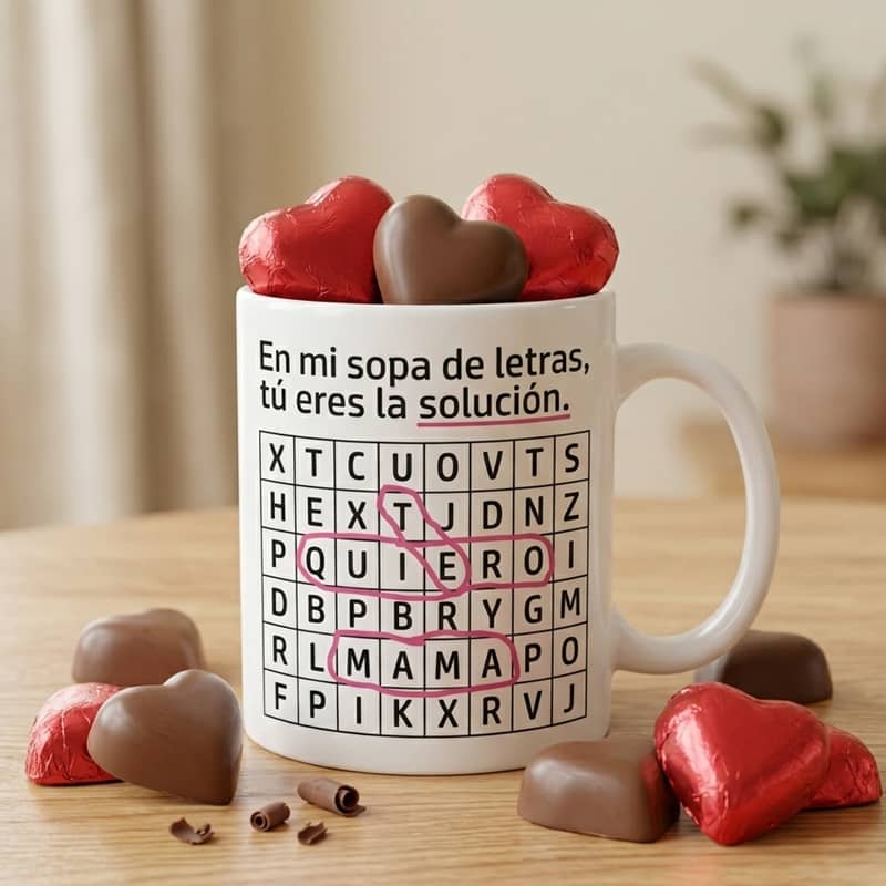Taza “Te quiero mamá” + 6 bombones corazón | Regalo original Día de la Madre